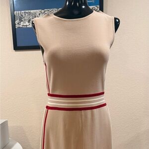 Canadian brand Judith & Charles Tan Midi Dress with Red Stripes